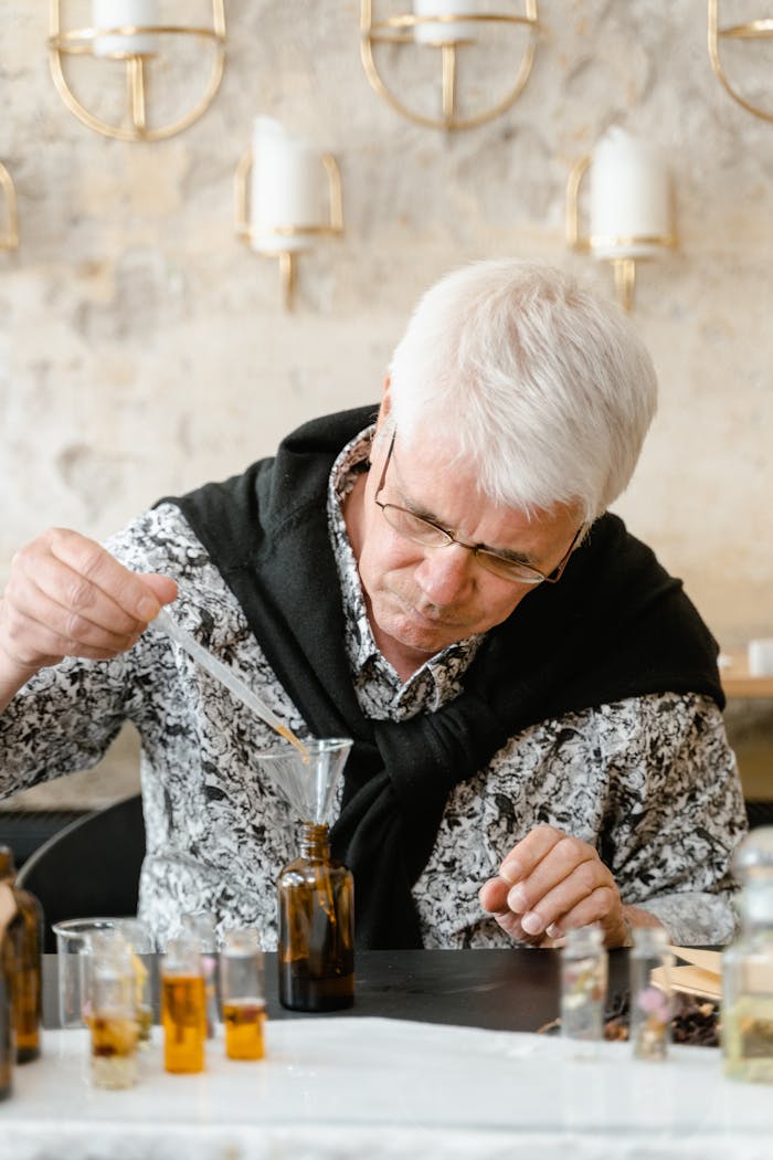 Elderly man carefully crafting a perfume blend in an indoor workspace with various bottles.